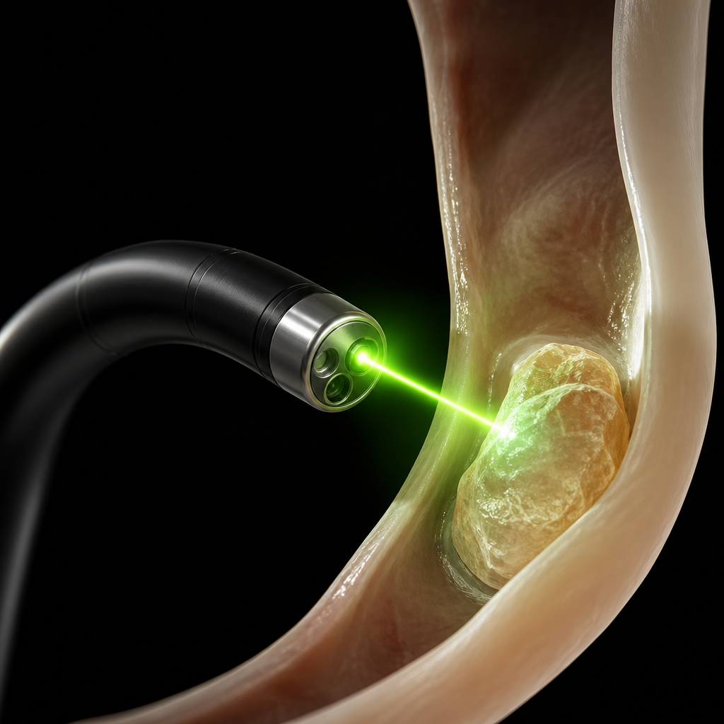 Medical illustration of laser kidney stone surgery instrument